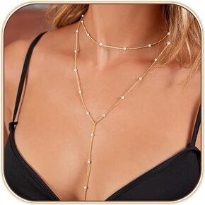 Long Gold Necklaces for Women Pearl Y Necklace Lariat Chain Necklace Dainty Layered No Tarnish Gold Pearls Drop Necklace for Women Trendy Gold Jewelry Gifts