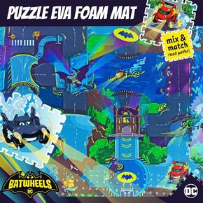 Batwheels EVA Foam Puzzle Mat - Soft, Non-Toxic Baby Play Mat for Tummy Time, Kids Preschool & Nursery - 16 Tiles, 12x12", 24 Borders - Road Activity Gym Playmat for Boy & Girl Toddlers - KC Cubs