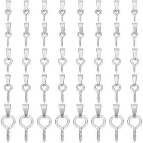 Beebeecraft 1 Box 100Pcs Stainless Steel Screw Eye Pins with Pinch Bails 5 Sizes Screw Eye Pin Peg Bails for Half Drilled Beads Charm DIY Jewelry Making