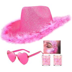 Glitter Cowgirl Hat with Heart Sunglasses Body Glitter Face Glitter Cowboy Hat for Women Men Music Festival Party