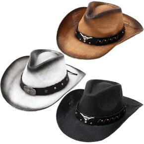 3 Pcs Classic Western Outback Cowboy Hat Adjustable Straw Hat Western Hats for Women and Man with Wide Brim, 3 Colors