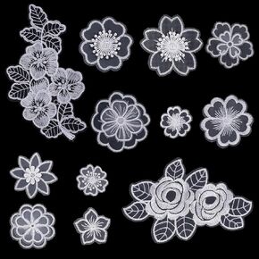 Jeffdad 12 Pcs Flower Lace Embroidered Applique 3D Floral Sew On Patches, for Dress Jeans Sweater Hats Bags Clothes Repairing Decorating Wedding Dress DIY Sewing Craft(Black)