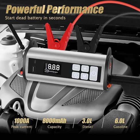 Jump Starter with Air Compressor for Car 1000A Battery Jumper Starter Portable 150PSI Tire Inflator Portable Air Compressor Red Blue Emergency Strobe Lights for Vehicle 12V Jump Start Battery Pack in Saudi Arabia