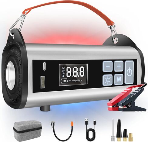 Jump Starter مع ضاغط هواء للسيارة بطارية 1000 أمبير، منفاخ إطارات محمول 150 رطل لكل بوصة مربعة، ضاغط هواء محمول، أضواء طوارئ قوية باللون الأحمر والأزرق للمركبة، حزمة بطارية 12 فولت لبدء التشغيل in Saudi Arabia