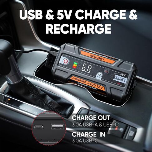 J400 2000A 12V Portable Lithium Jump Starter, Car Battery Booster Pack, USB-C Powerbank Charger, and Jumper Cables for Upto 8.0-Liter Gas and 6.0-Liter Diesel Engines, Smart Digital Screen in Kuwait