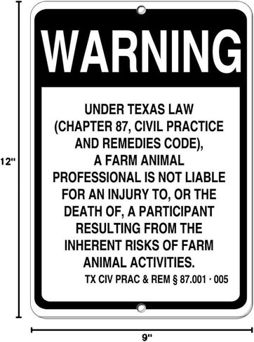 Aluminum Vertical Metal Sign Multiple Sizes Texas Law Farm Animal Professional Not Liable Injury Death State Right With Border Weatherproof Street 9x12Inches in Saudi Arabia