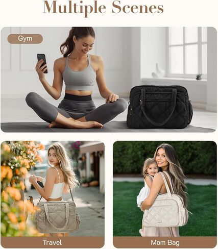 Missnine Small Gym Bag for Women, Quilted Duffle Bag for Travel with Toiletry Organizer Compartment, Weekender Bags Carry on for Airplane, Puffer Overnight Bag with Shoe Compartment, Black in Saudi Arabia