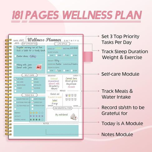 مخطط العافية ومجلة الطعام، مجلة النظام الغذائي والصحة اليومية مع فقدان الوزن، دفتر يوميات العافية لتتبع اللياقة البدنية والنوم والتغذية والوجبات والعادات وحلقة القلم والجيب، 180 يومًا (7 × 10 بوصة) in Kuwait