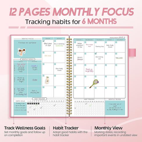 مخطط العافية ومجلة الطعام، مجلة النظام الغذائي والصحة اليومية مع فقدان الوزن، دفتر يوميات العافية لتتبع اللياقة البدنية والنوم والتغذية والوجبات والعادات وحلقة القلم والجيب، 180 يومًا (7 × 10 بوصة) in Kuwait