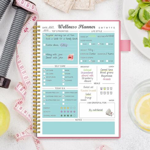 مخطط العافية ومجلة الطعام، مجلة النظام الغذائي والصحة اليومية مع فقدان الوزن، دفتر يوميات العافية لتتبع اللياقة البدنية والنوم والتغذية والوجبات والعادات وحلقة القلم والجيب، 180 يومًا (7 × 10 بوصة) in Kuwait