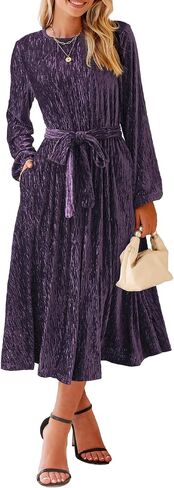 Happy Sailed Women's Velvet Formal Maxi Dress Fall Fashion Lantern Sleeve High Waist A-Line Cocktail Party Dresses with Belt in Saudi Arabia