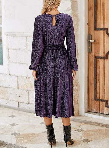 Happy Sailed Women's Velvet Formal Maxi Dress Fall Fashion Lantern Sleeve High Waist A-Line Cocktail Party Dresses with Belt in Saudi Arabia