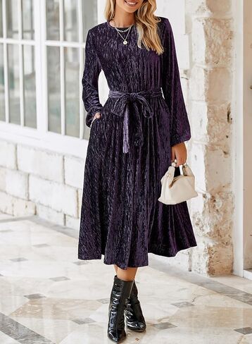 Happy Sailed Women's Velvet Formal Maxi Dress Fall Fashion Lantern Sleeve High Waist A-Line Cocktail Party Dresses with Belt in Saudi Arabia