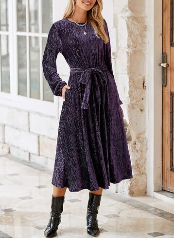 Happy Sailed Women's Velvet Formal Maxi Dress Fall Fashion Lantern Sleeve High Waist A-Line Cocktail Party Dresses with Belt in Saudi Arabia