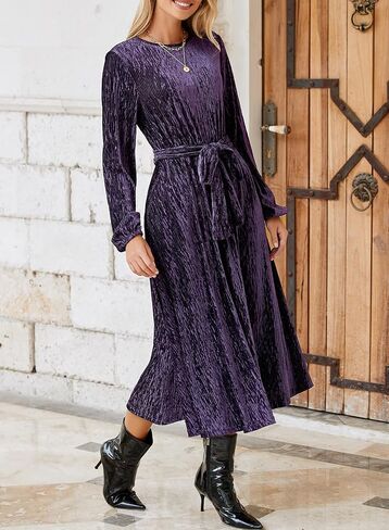 Happy Sailed Women's Velvet Formal Maxi Dress Fall Fashion Lantern Sleeve High Waist A-Line Cocktail Party Dresses with Belt in Saudi Arabia