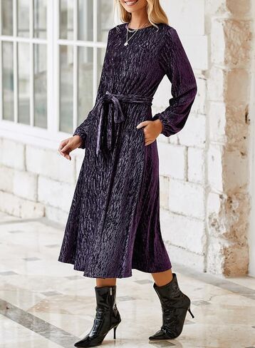 Happy Sailed Women's Velvet Formal Maxi Dress Fall Fashion Lantern Sleeve High Waist A-Line Cocktail Party Dresses with Belt in Saudi Arabia