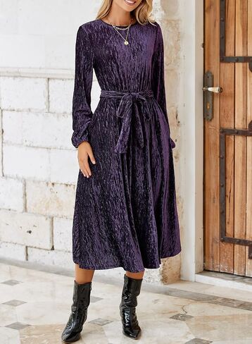 Happy Sailed Women's Velvet Formal Maxi Dress Fall Fashion Lantern Sleeve High Waist A-Line Cocktail Party Dresses with Belt in Saudi Arabia