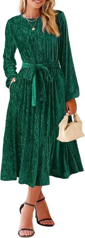 Happy Sailed Women's Velvet Formal Maxi Dress Fall Fashion Lantern Sleeve High Waist A-Line Cocktail Party Dresses with Belt in Saudi Arabia