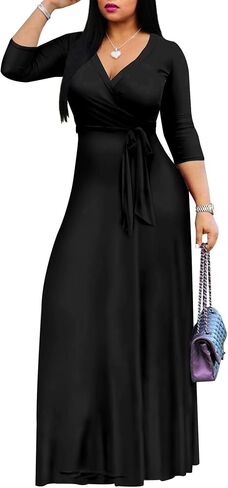 Mrskoala Women Plus Size Long Maxi Wrap Dresses Summer Sundress V-neck 3/4 Sleeve in Saudi Arabia