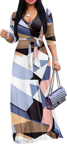 Mrskoala Women Plus Size Long Maxi Wrap Dresses Summer Sundress V-neck 3/4 Sleeve in Saudi Arabia