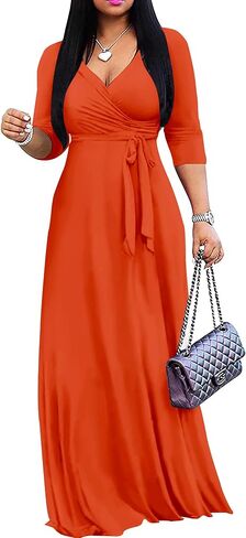 Mrskoala Women Plus Size Long Maxi Wrap Dresses Summer Sundress V-neck 3/4 Sleeve in Saudi Arabia