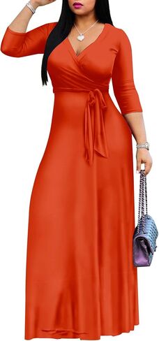 Mrskoala Women Plus Size Long Maxi Wrap Dresses Summer Sundress V-neck 3/4 Sleeve in Saudi Arabia