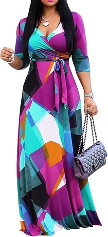 Mrskoala Women Plus Size Long Maxi Wrap Dresses Summer Sundress V-neck 3/4 Sleeve in Saudi Arabia