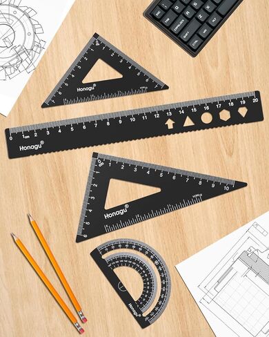 Honagu Triangular Ruler Set, 4 Pieces Aluminum Alloy Ruler, Metal Drafting Ruler, Geometric Protractor for Student,Draftsman, Engineers, Home School Office Supplies (20cm/7.87inch, Pink) in Kuwait