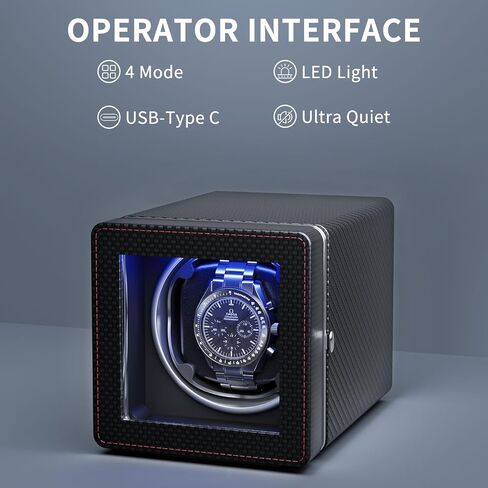 Watch Winder,Automatic Single Watch Winder with Quiet Motor,4 Rotation Mode Setting,Built-in LED Light,Type-C,Suitable for Men's and Women's(Carbon) in Saudi Arabia