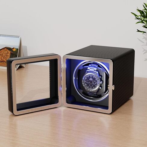 Watch Winder,Automatic Single Watch Winder with Quiet Motor,4 Rotation Mode Setting,Built-in LED Light,Type-C,Suitable for Men's and Women's(Carbon) in Saudi Arabia