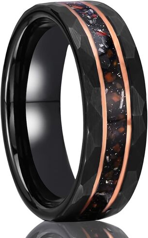 Black Tungsten Carbide Rings for Men Women 8mm/6mm Hammered Inlaid Meteorite Dinosaur Bone Men's Engagement Wedding Bands Comfort Fit in Saudi Arabia
