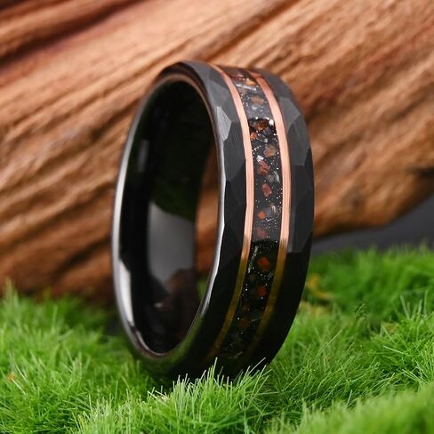 Black Tungsten Carbide Rings for Men Women 8mm/6mm Hammered Inlaid Meteorite Dinosaur Bone Men's Engagement Wedding Bands Comfort Fit in Saudi Arabia