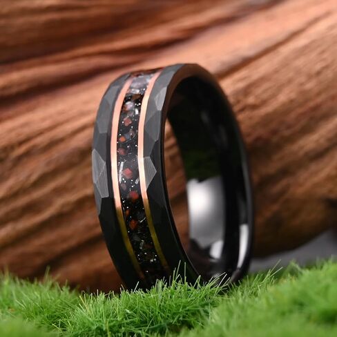 Black Tungsten Carbide Rings for Men Women 8mm/6mm Hammered Inlaid Meteorite Dinosaur Bone Men's Engagement Wedding Bands Comfort Fit in Saudi Arabia