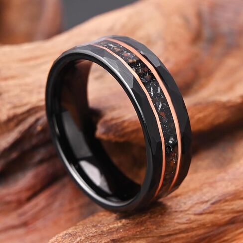 Black Tungsten Carbide Rings for Men Women 8mm/6mm Hammered Inlaid Meteorite Dinosaur Bone Men's Engagement Wedding Bands Comfort Fit in Saudi Arabia