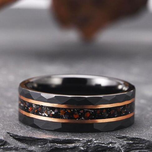 Black Tungsten Carbide Rings for Men Women 8mm/6mm Hammered Inlaid Meteorite Dinosaur Bone Men's Engagement Wedding Bands Comfort Fit in Saudi Arabia