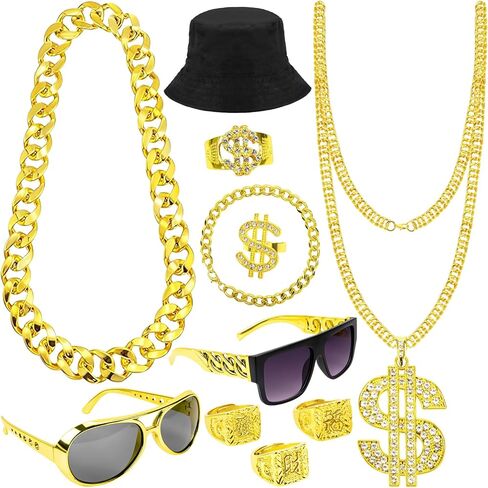 80s 90s Hip Hop Costumes Outfit for Men Rapper Accessories Kit 10 Piece Includes Fake Gold Chains Money Necklace Imitation Gold Rope Chain Bracelet Hat Sunglasses Dollar Ring Halloween Party Costume in Kuwait