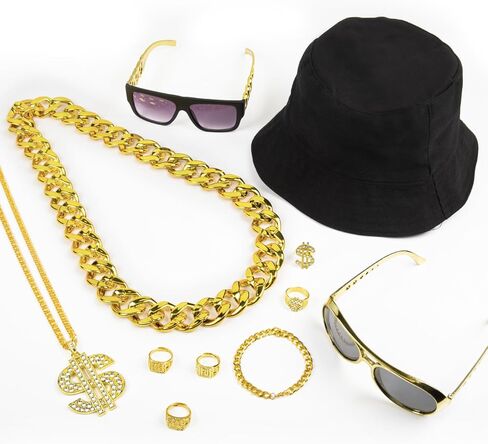 80s 90s Hip Hop Costumes Outfit for Men Rapper Accessories Kit 10 Piece Includes Fake Gold Chains Money Necklace Imitation Gold Rope Chain Bracelet Hat Sunglasses Dollar Ring Halloween Party Costume in Kuwait