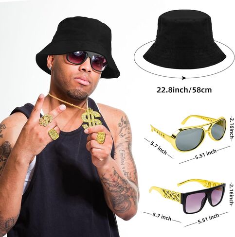 80s 90s Hip Hop Costumes Outfit for Men Rapper Accessories Kit 10 Piece Includes Fake Gold Chains Money Necklace Imitation Gold Rope Chain Bracelet Hat Sunglasses Dollar Ring Halloween Party Costume in Kuwait