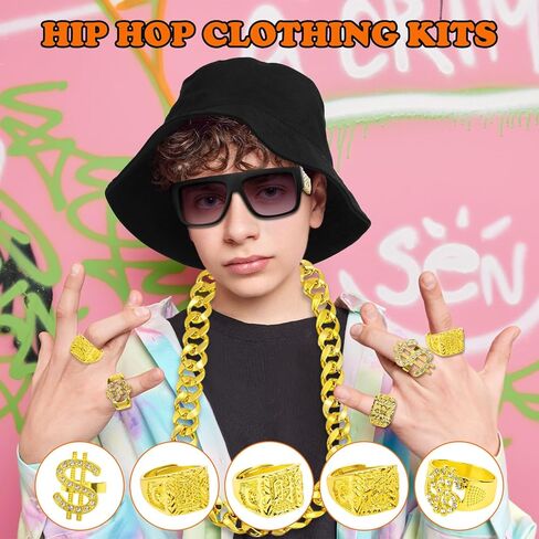 80s 90s Hip Hop Costumes Outfit for Men Rapper Accessories Kit 10 Piece Includes Fake Gold Chains Money Necklace Imitation Gold Rope Chain Bracelet Hat Sunglasses Dollar Ring Halloween Party Costume in Kuwait