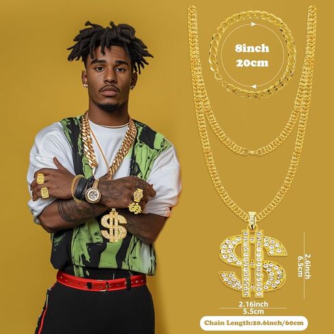 80s 90s Hip Hop Costumes Outfit for Men Rapper Accessories Kit 10 Piece Includes Fake Gold Chains Money Necklace Imitation Gold Rope Chain Bracelet Hat Sunglasses Dollar Ring Halloween Party Costume in Kuwait