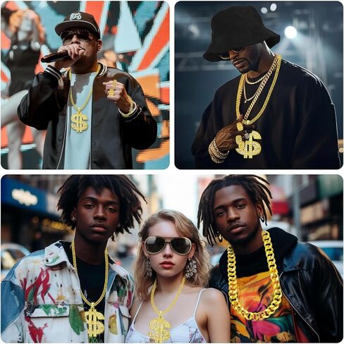 80s 90s Hip Hop Costumes Outfit for Men Rapper Accessories Kit 10 Piece Includes Fake Gold Chains Money Necklace Imitation Gold Rope Chain Bracelet Hat Sunglasses Dollar Ring Halloween Party Costume in Kuwait