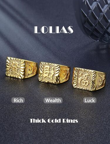 LOLIAS 3 قطع خواتم ذهبية للرجال 18 قيراط مطلية بالذهب للرجال خاتم الكتلة الذهبية مربع كانجي الدائري الغني/الحظ/الثروة قابل للتعديل الخنصر الدائري رجالي الهيب هوب مجوهرات in Kuwait