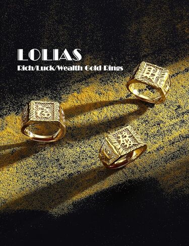 LOLIAS 3 قطع خواتم ذهبية للرجال 18 قيراط مطلية بالذهب للرجال خاتم الكتلة الذهبية مربع كانجي الدائري الغني/الحظ/الثروة قابل للتعديل الخنصر الدائري رجالي الهيب هوب مجوهرات in Kuwait