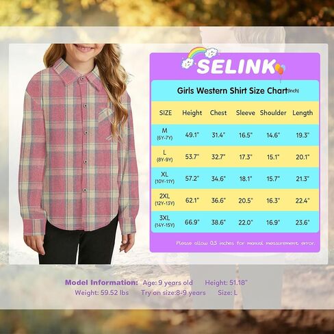 قميص SELINK للفتيات بأكمام طويلة من الفلانيل للأطفال، قميص منقوش بأزرار للأسفل، بلوزة كاجوال لطيفة من الفلانيل، وردي مقاس XL in Kuwait