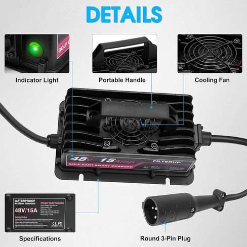 شاحن بطارية عربة الجولف 48 فولت 15 أمبير، شاحن قابس دائري ذو 3 دبابيس متوافق مع موديلات 1995-2024 Club Car DS و2015-2024 السابقة (حمض الرصاص) in Kuwait