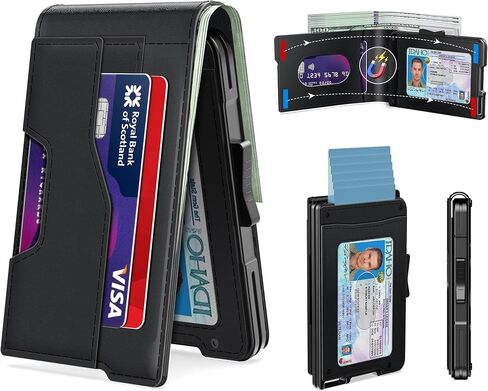 Wallet for Men - Pop Up Case, Cash Slot, Mens Credit Card Wallet - Minimalist Aluminum Case, Slim Leather Front Pocket Wallets with RFID Blocking/ID Window (Black) in Saudi Arabia