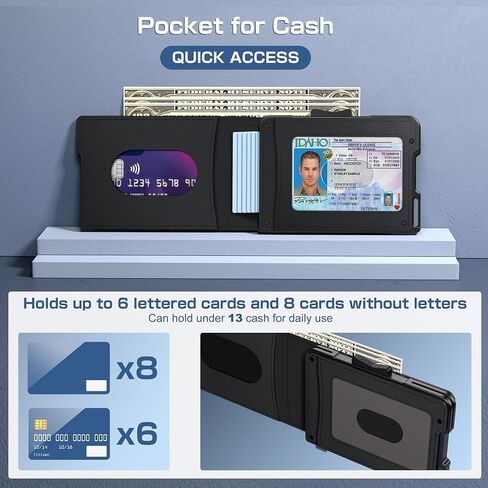 Wallet for Men - Pop Up Case, Cash Slot, Mens Credit Card Wallet - Minimalist Aluminum Case, Slim Leather Front Pocket Wallets with RFID Blocking/ID Window (Black) in Saudi Arabia