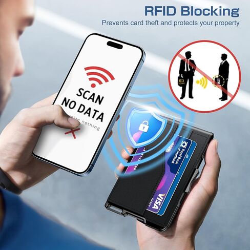 Wallet for Men - Pop Up Case, Cash Slot, Mens Credit Card Wallet - Minimalist Aluminum Case, Slim Leather Front Pocket Wallets with RFID Blocking/ID Window (Black) in Saudi Arabia