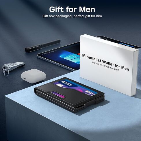 Wallet for Men - Pop Up Case, Cash Slot, Mens Credit Card Wallet - Minimalist Aluminum Case, Slim Leather Front Pocket Wallets with RFID Blocking/ID Window (Black) in Saudi Arabia