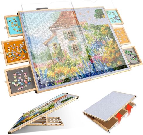 لوحة ألغاز قابلة للإمالة وقابلة للطي 2 في 1 من كالولاري، 2000 قطعة من طاولة ألغاز الصور المقطوعة الخشبية مع 6 أدراج وغطائين منظم ألغاز محمول لملحقات الألغاز للبالغين (31 بوصة × 39.4 بوصة) in Kuwait